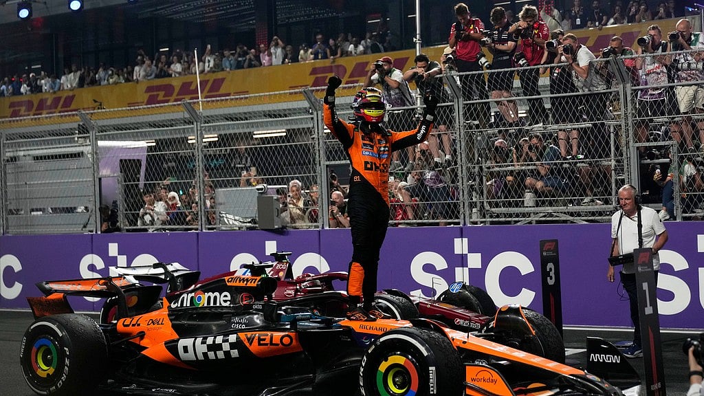 Photo: AP : McLaren driver Oscar Piastri of Australia celebrates after winning the Formula One Saudi Arabian Grand Prix.