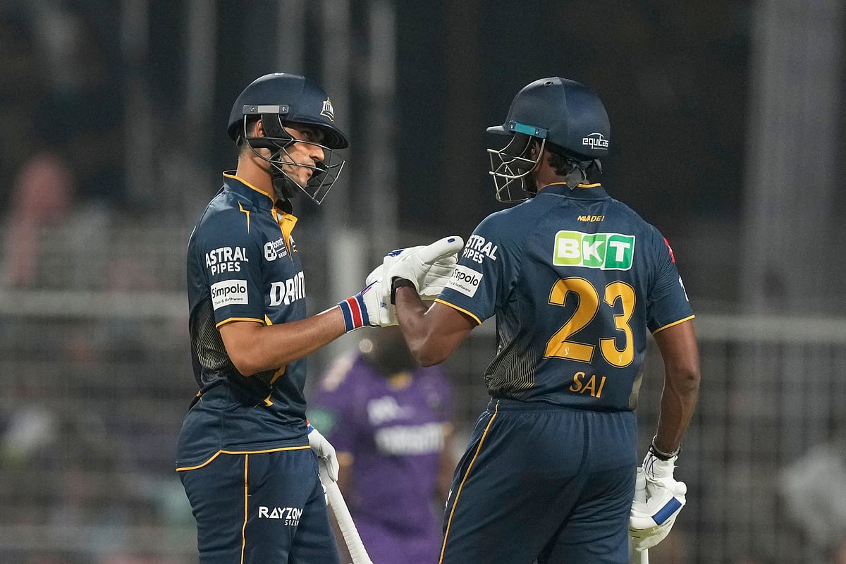  (AP Photo/Bikas Das)
 : Gujarat Titans' captain Shubman Gill, left, and Sai Sudharsan greets each other during the Indian Premier League cricket match between Kolkata Knight Riders and Gujarat Titans at Eden Gardens in Kolkata, India, Monday, April 21, 2025.

