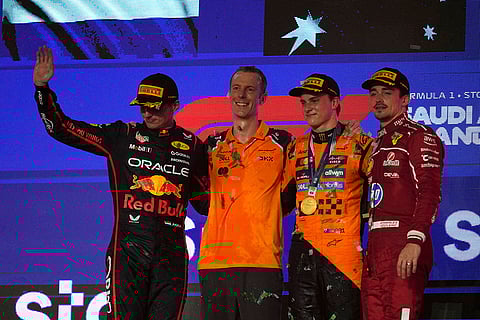 Saudi Arabia F1 GP Auto Racing: Oscar Piastri with Max Verstappen and Charles Leclerc