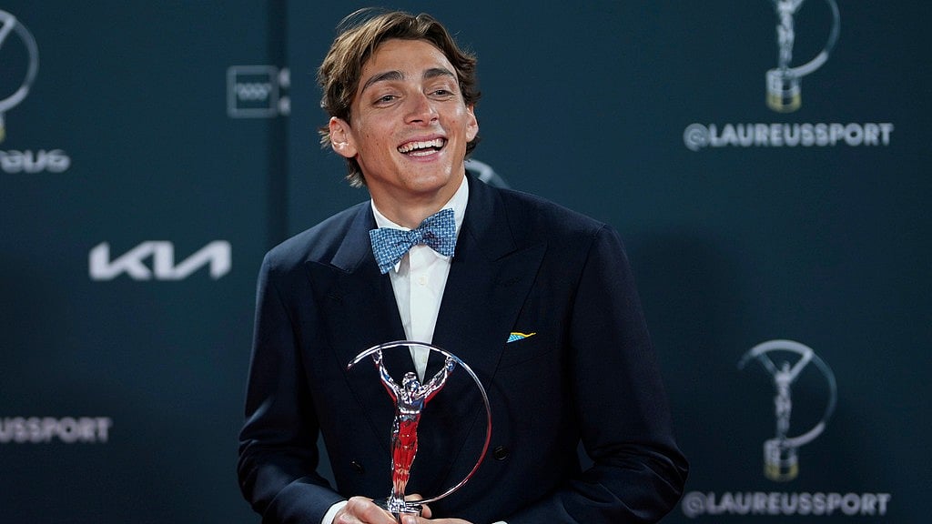 AP : Mondo Duplantis celebrates after winning the Laureus World Sportsman of the Year award in Madrid. 
