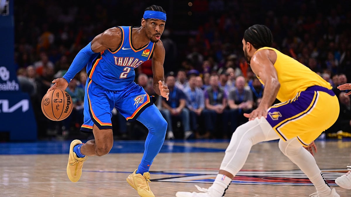 Oklahoma City Thunder guard Shai Gilgeous-Alexander dribbles vs. the Los Angeles Lakers on April 8, 2025.