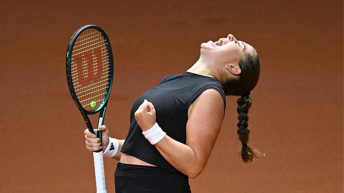 Jelena Ostapenko celebrates her victory in the Stuttgart Open final