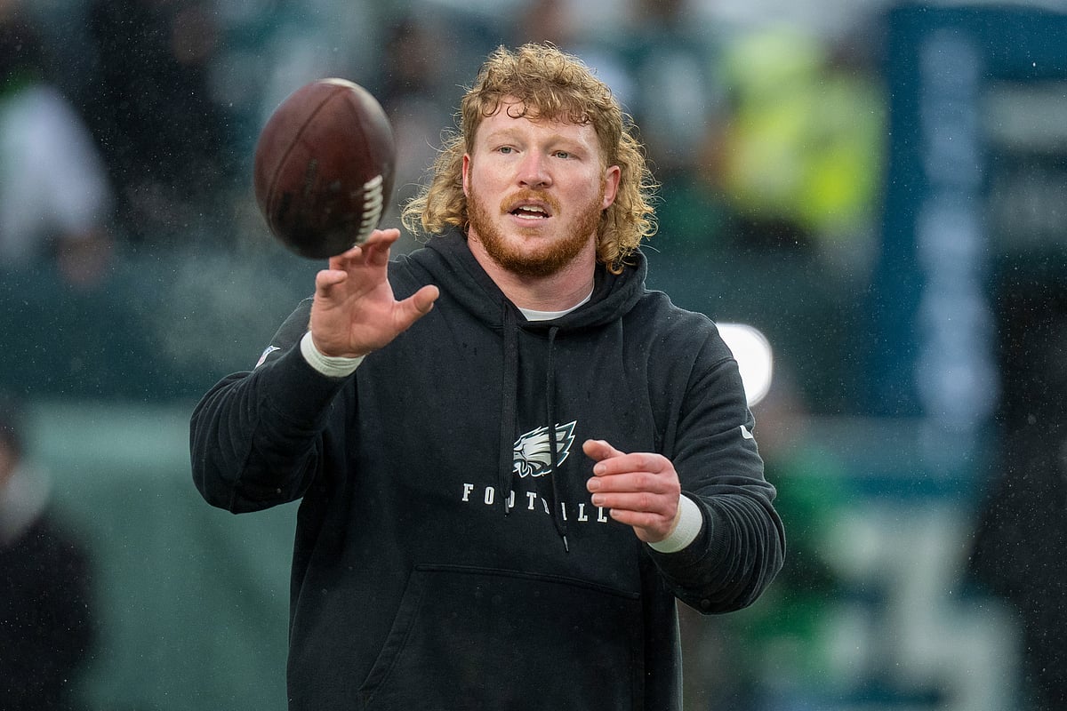  (AP Photo/Chris Szagola, File) : FILE - Philadelphia Eagles center Cam Jurgens (51) looks on during warm-ups prior to the NFL divisional playoff football game against the Los Angeles Rams, Jan. 19, 2025, in Philadelphia.