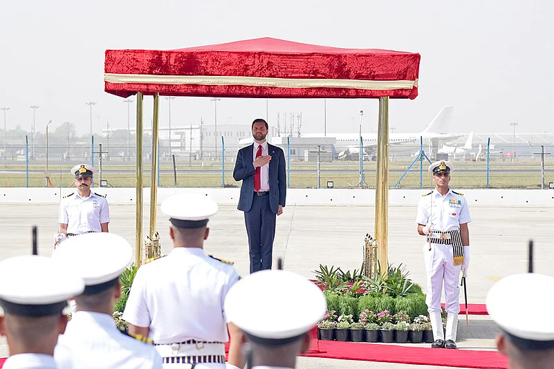 JD Vance inspects the ‘Guard of Honour’ at AFS Palam, in New Delhi