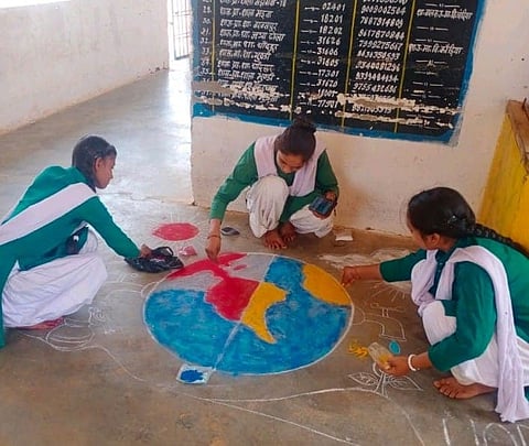 School Girls making a rangoli
