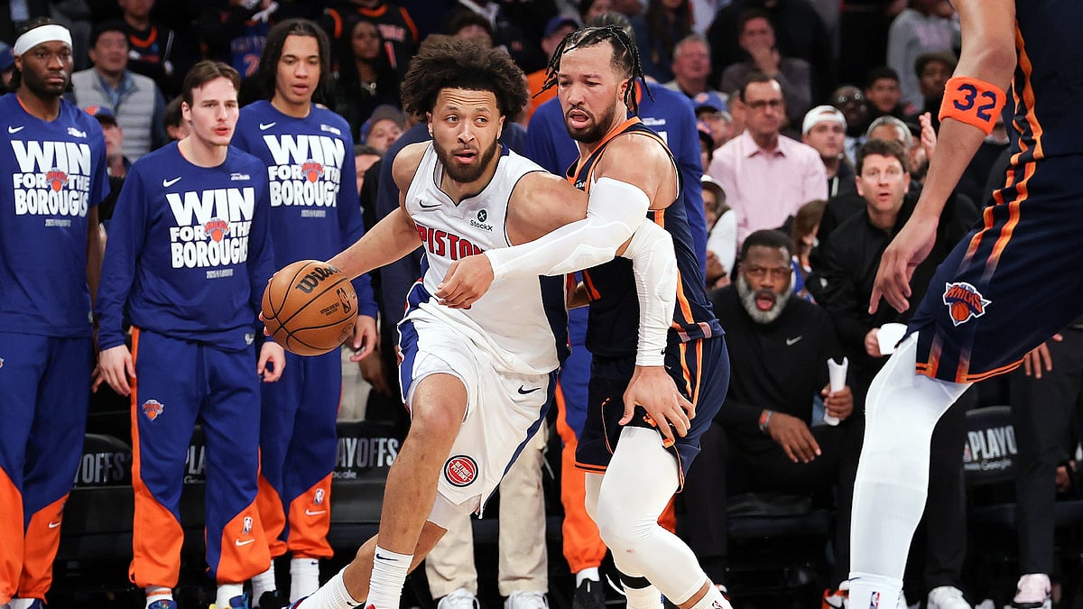 Cade Cunningham of the Detroit Pistons is guarded by Jalen Brunson of the New York Knicks on April 22, 2025.