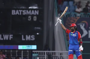 AP Photo : Delhi Capitals' KL Rahul celebrates after scoring fifty runs during the Indian Premier League cricket match between Lucknow Super Giants and Delhi Capitals at Atal Bihari Vajpayee Ekana Cricket Stadium in Lucknow, India, Tuesday, April 22, 2025.