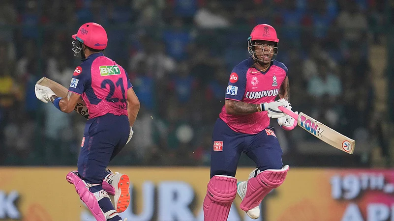 Rajasthan Royals Shimron Hetmyer, right, and batting partner Dhruv Jurel. AP