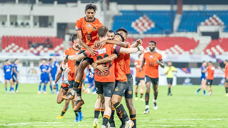 Inter Kashi's Nikola Stojanovic celebrates with his teammates after scoring against Bengaluru FC in Kalinga Super Cup 2025. - | Photo: AIFF Media