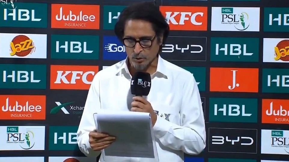 Photo: X | Junaiz : Pakistan's former cricketer and captain Ramiz Raja during a post-match presentation in the PSL 2025.