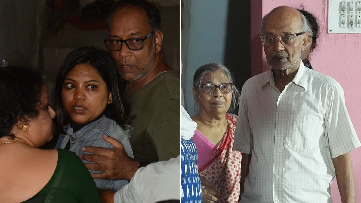 Pahalgam terror attack victim Bitan Adhikary's wife Sohini Roy(L); parents Bireswar adhikary and Maya Adhikary(R) - Sandipan Chatterjee For Outlook India