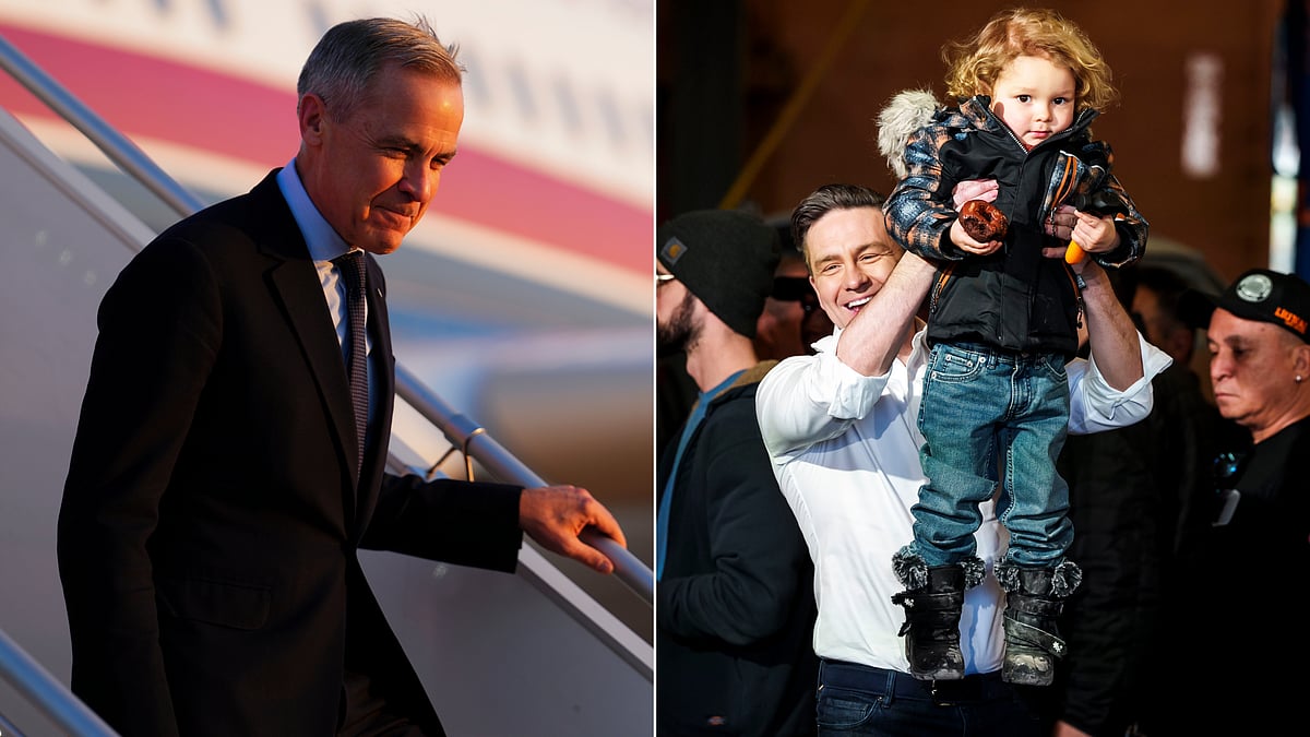 AP : Liberal Party leader and Prime Minister Mark Carney (R); Conservative Leader Pierre Poilievre (L)
