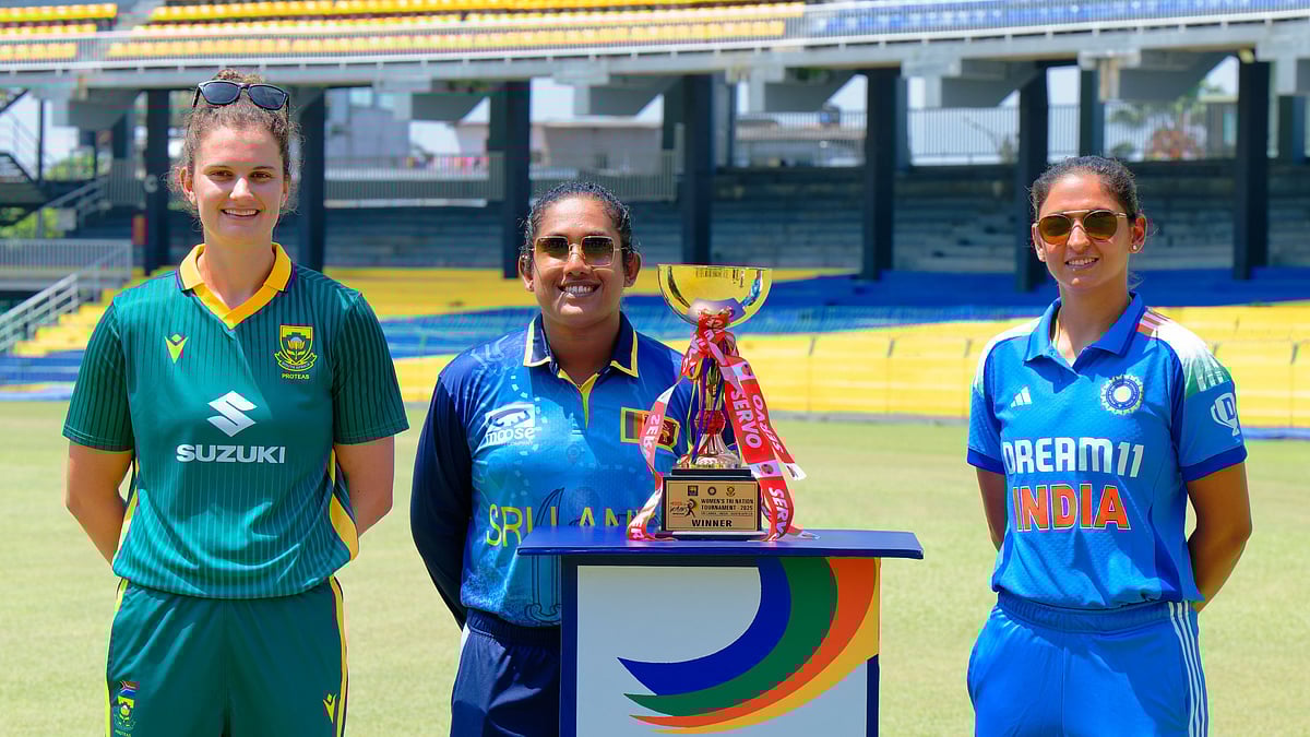 Photo: X | BCCI Women : The captains of South Africa, Sri Lanka and India with the Sri Lanka women's tri-series 2025 trophy.