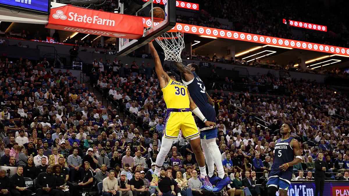 ulius Randle #30 of the Minnesota Timberwolves blocks a shot by Jordan Goodwin #30 of the Los Angeles Lakers in the second quarter of Game Three of the First Round of the 2025 NBA Playoffs at Target Center on April 25, 2025 in Minneapolis, Minnesota