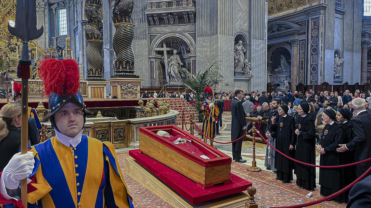  | Photo: AP : The body of Pope Francis rests inside St. Peter's Basilica at the Vatican on April 25, 2025, where he lay in state for three days.