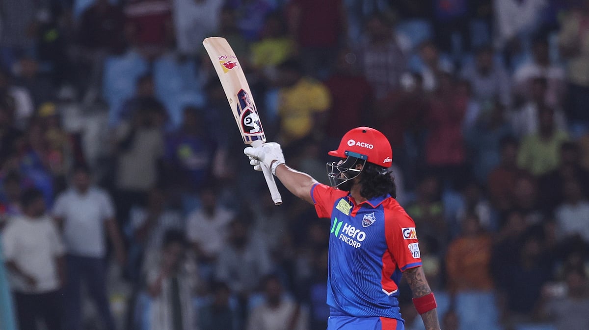AP Photo : Delhi Capitals' KL Rahul celebrates after scoring fifty runs during the Indian Premier League cricket match between Lucknow Super Giants and Delhi Capitals at Atal Bihari Vajpayee Ekana Cricket Stadium in Lucknow.