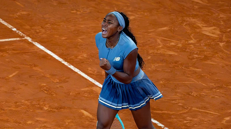 Coco Gauff celebrates in Madrid