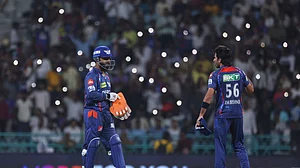 AP Photo : Lucknow Super Giants' captain Rishabh Pant, left, gestures with Ravi Bishnoi during the Indian Premier League cricket match in Lucknow.