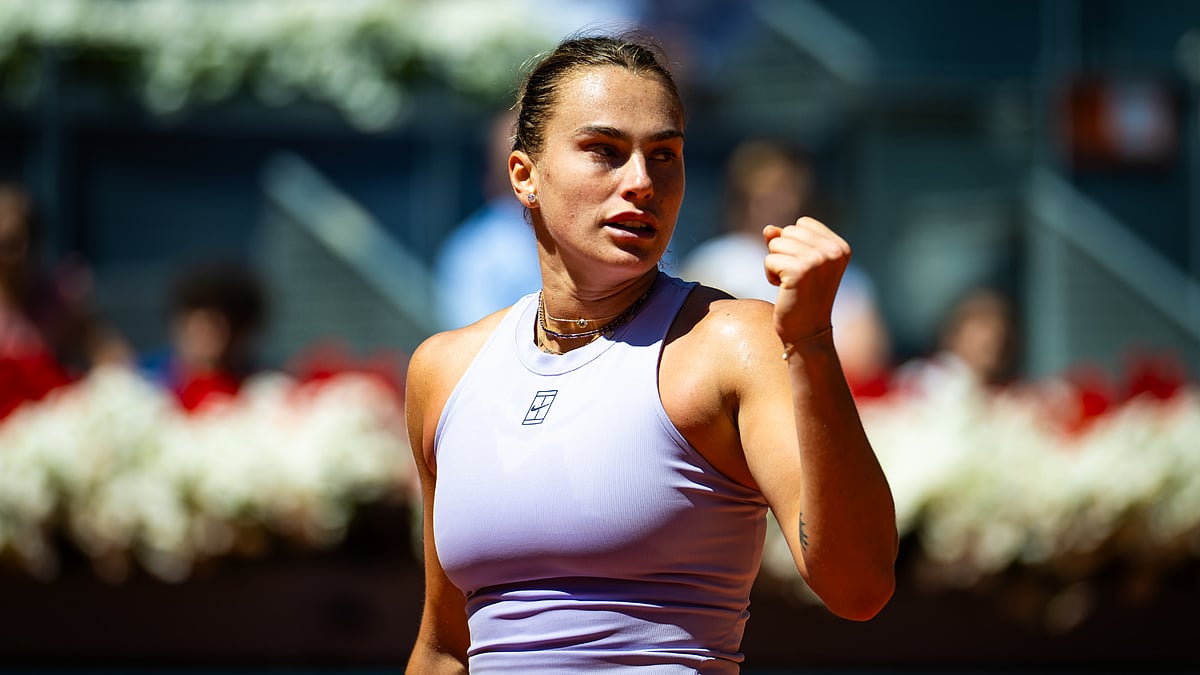 Aryna Sabalenka celebrates in Madrid