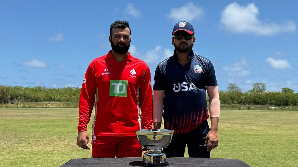 Photo: X | USA Cricket : Canada captain Navneet Dhaliwal (L) with USA skipper Monank Patel.
