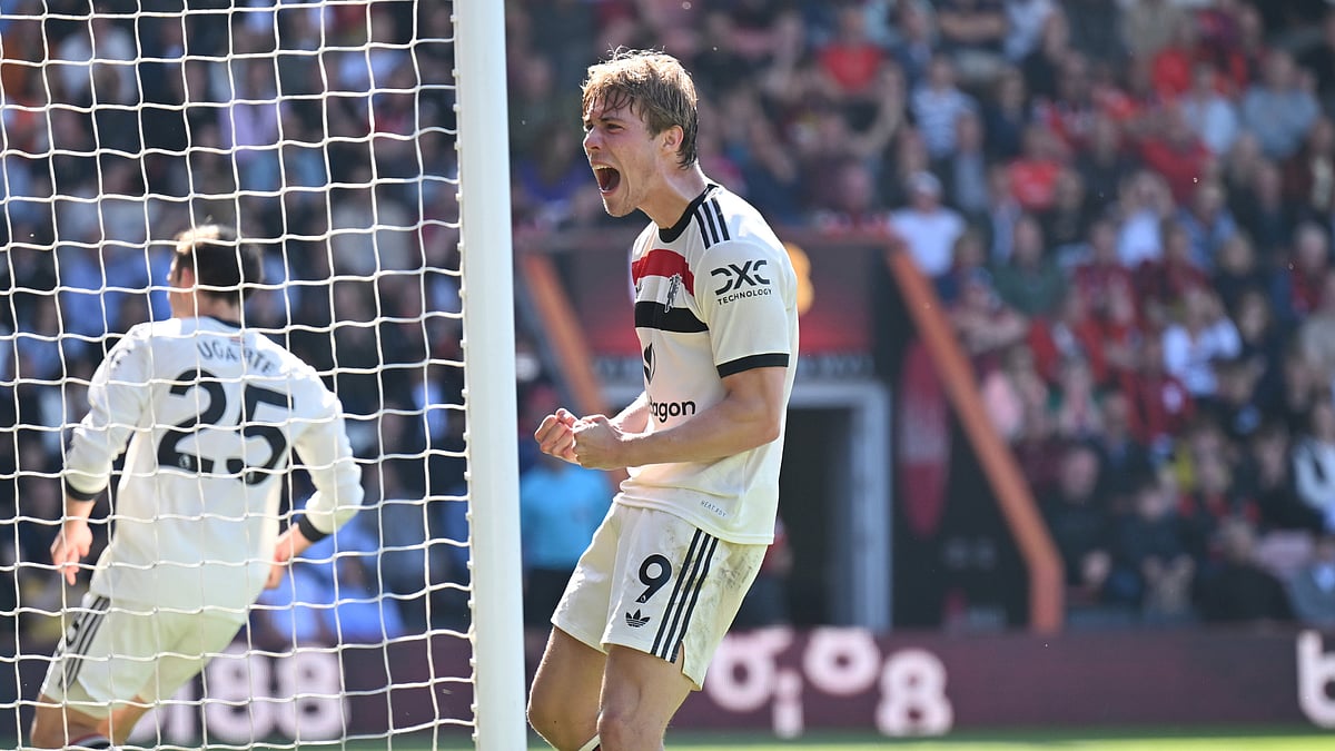 Rasmus Hojlund celebrates his goal against Bournemouth in their Premier League match. - null