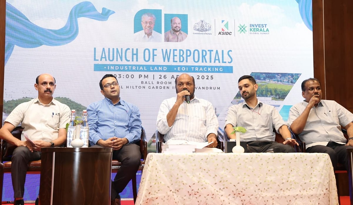 Minister for Industries, Law and Coir, Shri P Rajeeve speaking at the launch of the web portals for the proposals received at Invest Kerala Summit and creating a database of available land parcels for industrial purposes in Thiruvananthapuram on Saturday. KSIDC MD Shri Mir Mohammed Ali, IAS; Executive Director Hari Krishnan R; General Manager Shri Varghese Malakkaran and KINFRA MD Shri Santhosh Koshy Thomas are also seen.