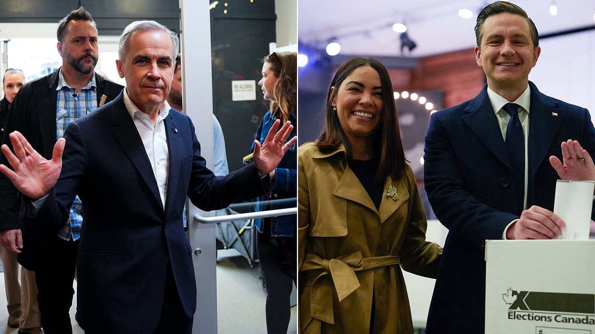AP : Liberal Party's Mark Carney (L); Conservative Party's Pierre Poilievre (R)