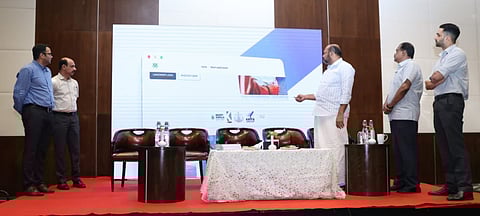 Minister for Industries, Law and Coir, Shri P Rajeeve launching the web portals for the proposals received at Invest Kerala Summit and creating a database of available land parcels for industrial purposes in Thiruvananthapuram on Saturday. KSIDC MD Shri Mir Mohammed Ali, IAS; Executive Director Hari Krishnan R; General Manager Shri Varghese Malakkaran and KINFRA MD Shri Santhosh Koshy Thomas are also seen.