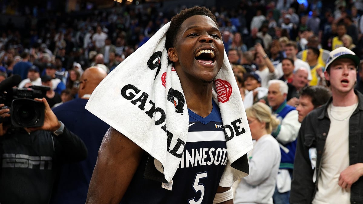 Anthony Edwards celebrates following the Minnesota Timberwolves' Game 4 win over the Los Angeles Lakers in the 2025 NBA Playoffs.