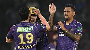 File : The Kolkata Knight Riders celebrate against Delhi Capitals.