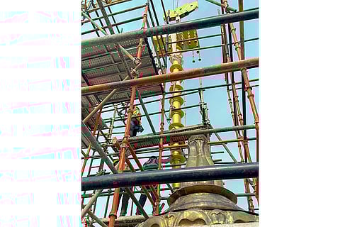 Flag pole installed on 'shikhar' of Ram Mandir