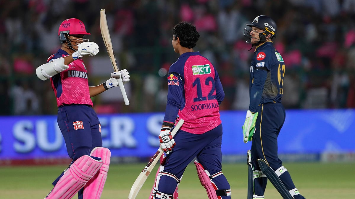 Rajasthan Royals Vaibhav Suryavanshi, centre, celebrates. AP