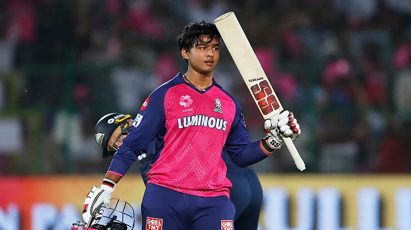 Rajasthan Royals Vaibhav Suryavanshi celebrates after scoring a century. AP