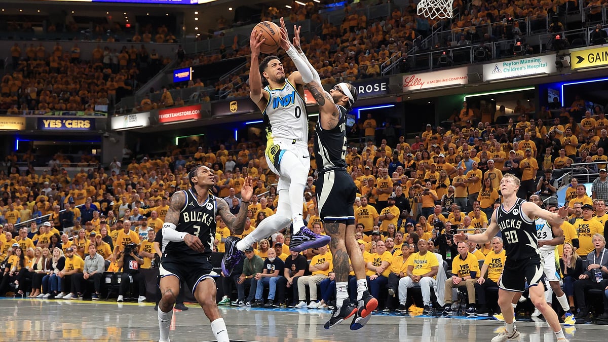 Tyrese Haliburton #0 of the Indiana Pacers takes a shot against Gary Trent Jr. #5 of the Milwaukee Bucks during the fourth quarter of Game 5 of the 2025 NBA Playoffs at Gainbridge Fieldhouse on April 29, 2025 in Indianapolis, Indiana - null