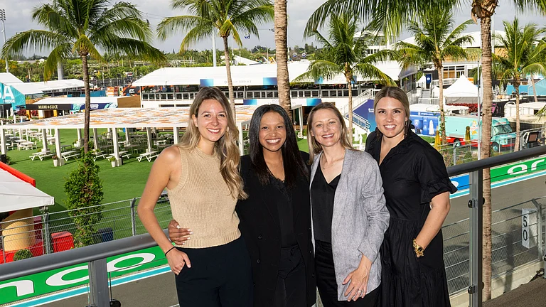 In this image provided by Hard Rock Stadium, from left, Katharina Nowak, Sydney McClain, Natalie Clark and Melanie Cabassol pose, Tuesday, April 29, 2025, Miami International Autodrome in Miami Gardens, Fla. - Peter McMahon/Hard Rock Stadium via AP