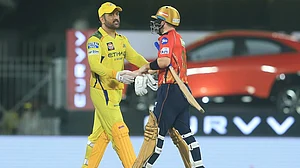 Photo: AP : Punjab Kings' Josh Inglis, right, shakes hands with Chennai Super Kings' Mahendra Singh Dhoni after the former win their Indian Premier League 2025 clash.
