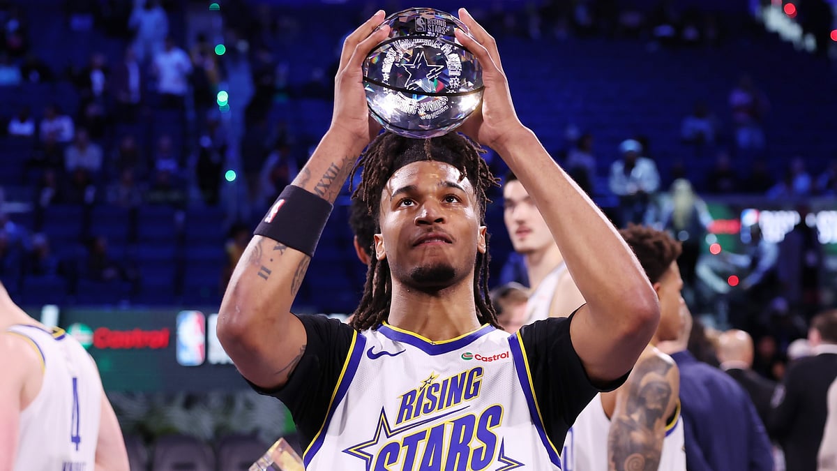 Stephon Castle #5 of the San Antonio Spurs and Team C celebrates after winning the NBA Rising Stars MVP during the 2025 NBA All-Star Rising Stars Game at Chase Center on February 14, 2025 in San Francisco, California.