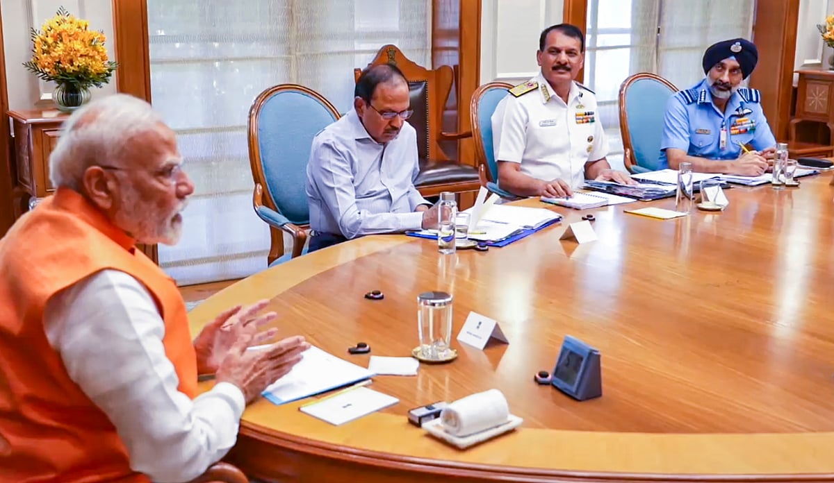 PTI : In this screenshot from a video released by PMO, Tuesday, April 29, 2025, Prime Minister Narendra Modi with NSA Ajit Doval, Navy Chief Admiral Dinesh K Tripathi and IAF Chief Air Chief Marshal Amar Preet Singh during a meeting in New Delhi. 