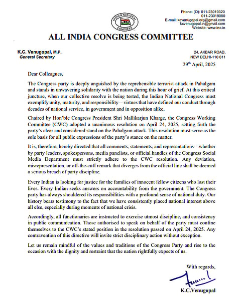 Congress releases guidelines for the leaders regarding the attack