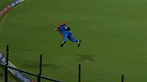 Photo: Screengrab : Delhi Capitals' Dushmantha Chameera catch the ball near the boundary rope to dismiss Anukul Roy in the IPL 2025 in New Delhi.