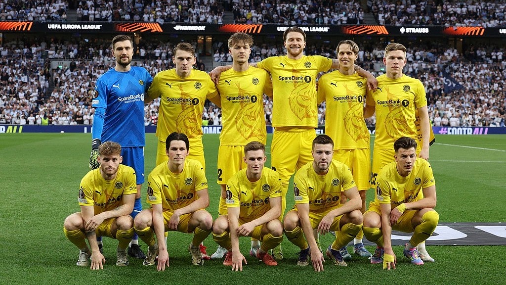 (AP Photo) : Bodo/Glimt's players pose prior to the Europa League semifinal first leg match.