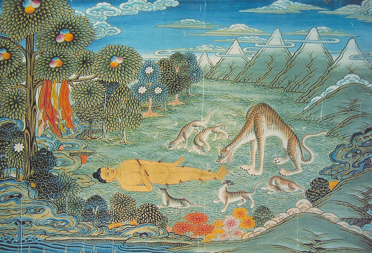 A painting of Gautam Buddha lying down in jungle with various animals surrounding him