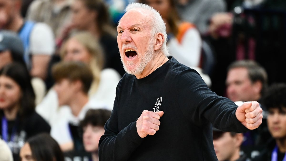 San Antonio Spurs head coach Gregg Popovich yells to his team during the second half of a game against the Utah Jazz at Delta Center on October 31, 2024 in Salt Lake City, Utah.
