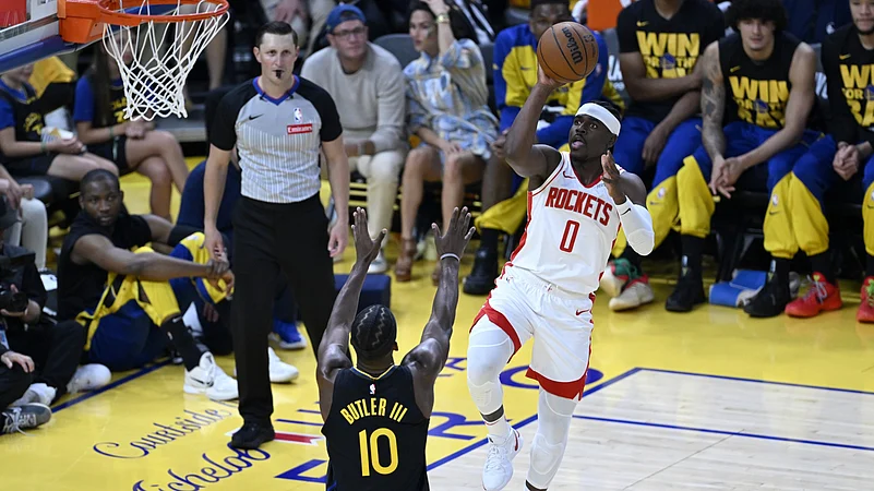 Aaron Holiday of Houston Rockets in action against Golden State Warriors during NBA Playoffs game 6