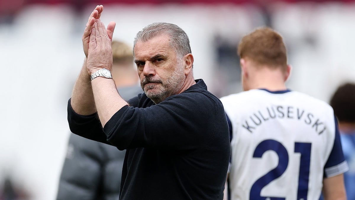 Ange Postecoglou applauds the Tottenham Hotspur fans after their 1-1 draw with West Ham United.
