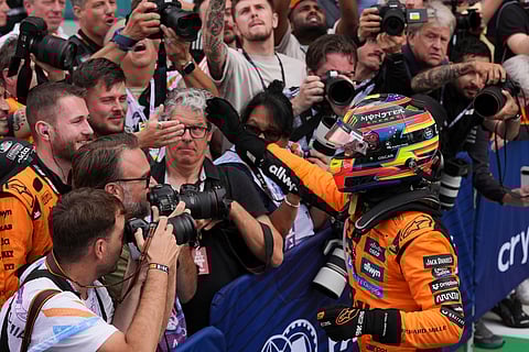 McLaren driver Oscar Piastri of Australia celebrates after winning the Formula One Miami Grand Prix auto race Sunday, May 4, 2025, in Miami Gardens. Fla. 


