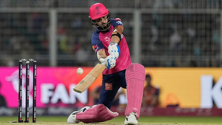 Rajasthan Royals' captain Riyan Parag bats during the Indian Premier League match against Kolkata Knight Riders at Eden Gardens. - AP