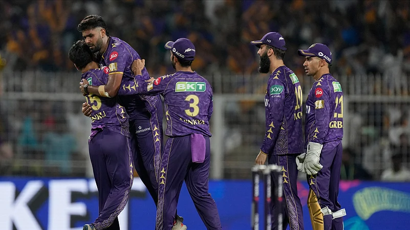 Kolkata Knight Riders Harshit Rana second from left celebrates. AP