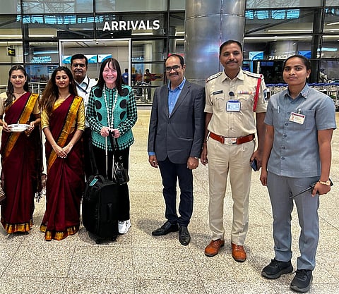 Miss World Chairperson Julia Evelyn Morley warmly welcomed at Hyderabad Airport.
