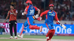 AP/Mahesh Kumar A. : Delhi Capitals' Vipraj Nigam, right, and Tristan Stubbs run between the wickets to score during the Indian Premier League cricket match.